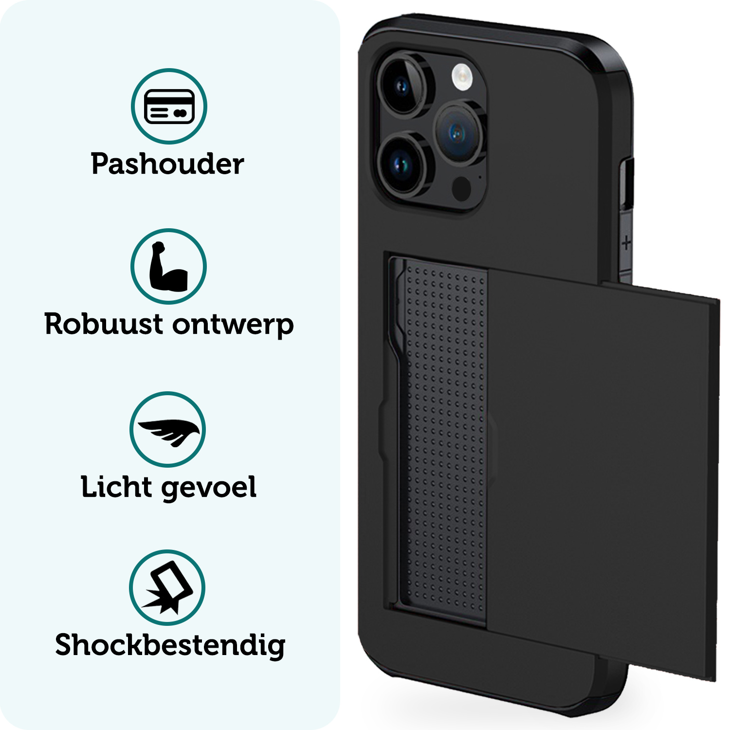 Forterra Hoesje Geschikt voor iPhone 15 Pro Pashouder Hard Case Hoes Met 2x Screenprotector - Hoes Geschikt voor iPhone 15 Pro Hoesje Back Cover Met Pasjeshouder - Zwart