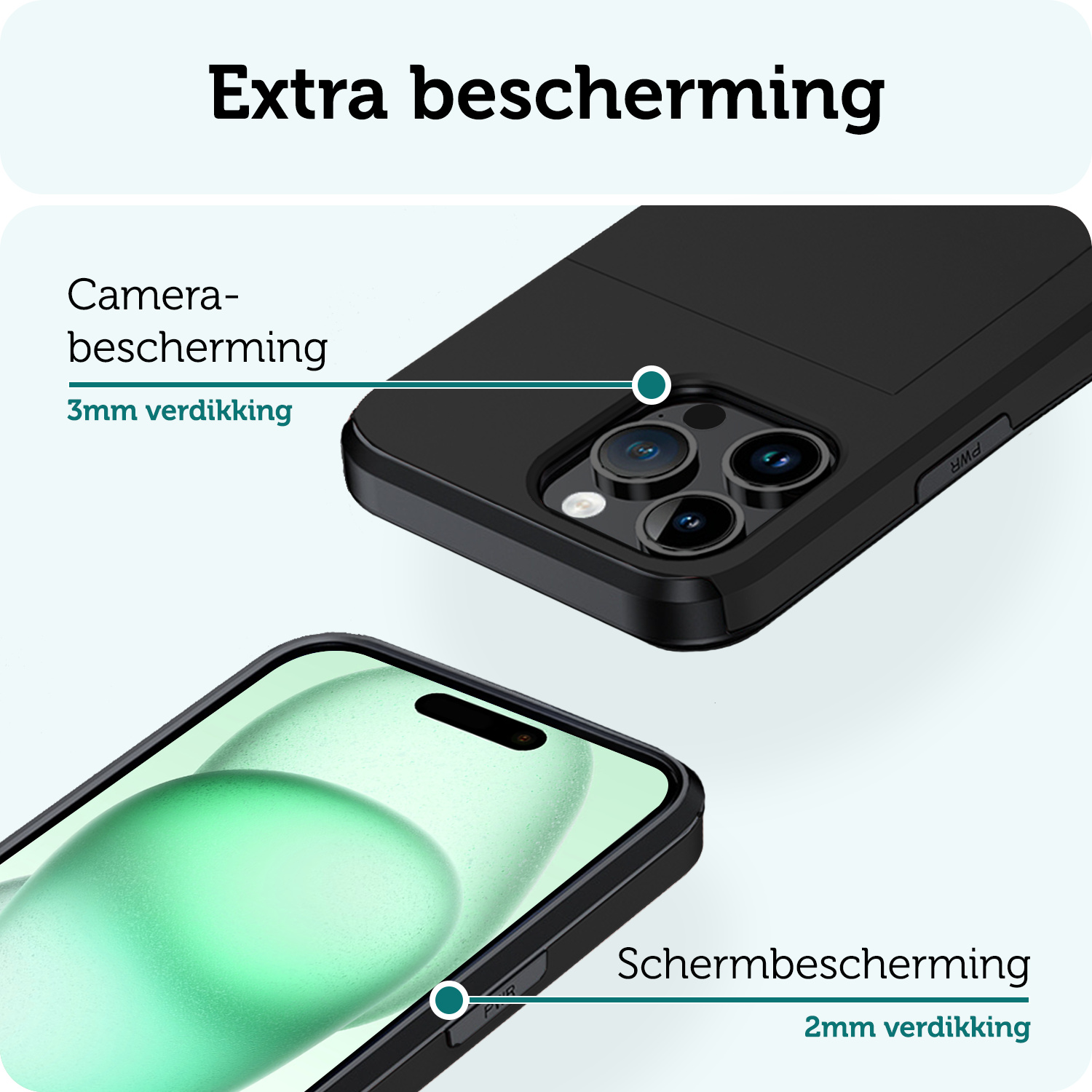 Forterra Hoesje Geschikt voor iPhone 15 Pro Pashouder Hard Case Hoes Met 2x Screenprotector - Hoes Geschikt voor iPhone 15 Pro Hoesje Back Cover Met Pasjeshouder - Zwart