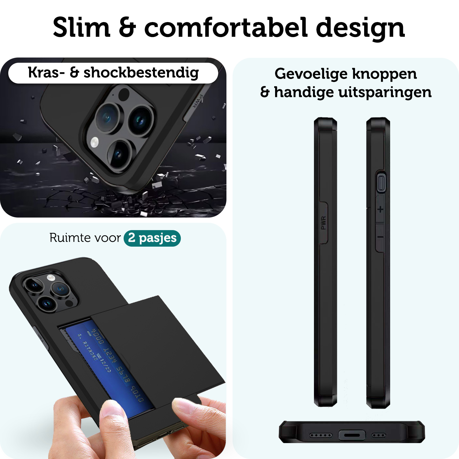 Forterra Hoesje Geschikt voor iPhone 15 Pro Pashouder Hard Case Hoes Met 2x Screenprotector - Hoes Geschikt voor iPhone 15 Pro Hoesje Back Cover Met Pasjeshouder - Zwart