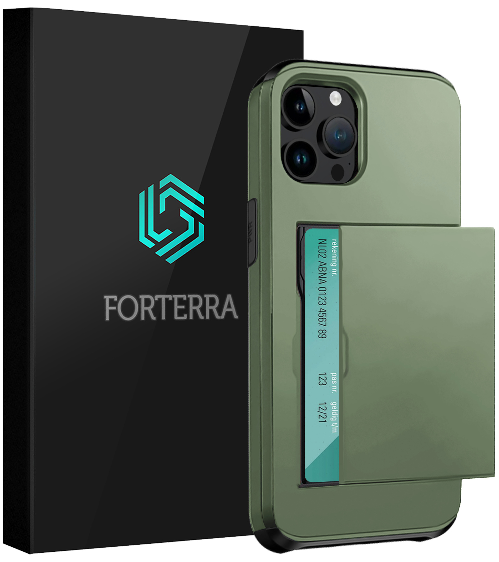 Forterra Hoesje Geschikt voor iPhone 15 Pro Max Pashouder Hard Case Hoes - Hoes Geschikt voor iPhone 15 Pro Max Hoesje Back Cover Met Pasjeshouder - Donker Groen