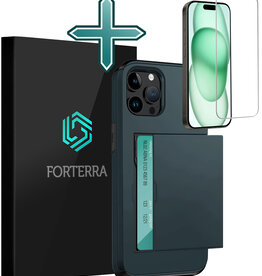 Forterra Forterra iPhone 15 Pro Max Hoesje Pashouder Hard Met Screenprotector - Donker Blauw
