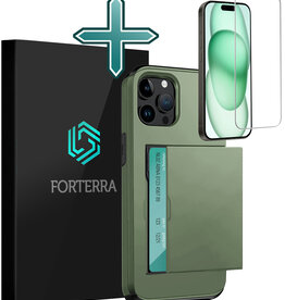 Forterra Forterra iPhone 15 Pro Max Hoesje Pashouder Hard Met Screenprotector - Donker Groen
