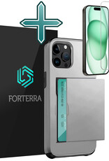 Forterra Hoesje Geschikt voor iPhone 15 Pro Max Pashouder Hard Case Hoes Met Screenprotector - Hoes Geschikt voor iPhone 15 Pro Max Hoesje Back Cover Met Pasjeshouder - Grijs