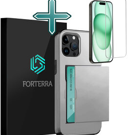 Forterra Forterra iPhone 15 Pro Max Hoesje Pashouder Hard Met Screenprotector - Grijs