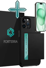 Forterra Hoesje Geschikt voor iPhone 15 Pro Max Pashouder Hard Case Hoes Met Screenprotector - Hoes Geschikt voor iPhone 15 Pro Max Hoesje Back Cover Met Pasjeshouder - Zwart