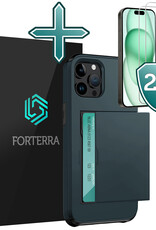Forterra Hoesje Geschikt voor iPhone 15 Pro Max Pashouder Hard Case Hoes Met 2x Screenprotector - Hoes Geschikt voor iPhone 15 Pro Max Hoesje Back Cover Met Pasjeshouder - Donker Blauw