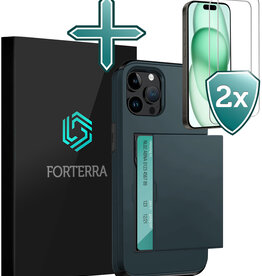 Forterra Forterra iPhone 15 Pro Max Hoesje Pashouder Hard Met 2x Screenprotector - Donker Blauw