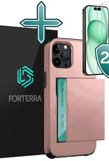 Forterra Hoesje Geschikt voor iPhone 15 Pro Max Pashouder Hard Case Hoes Met 2x Screenprotector - Hoes Geschikt voor iPhone 15 Pro Max Hoesje Back Cover Met Pasjeshouder - Rosé Goud