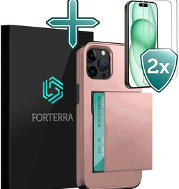 Forterra Forterra iPhone 15 Pro Max Hoesje Pashouder Hard Met 2x Screenprotector - Rosé Goud