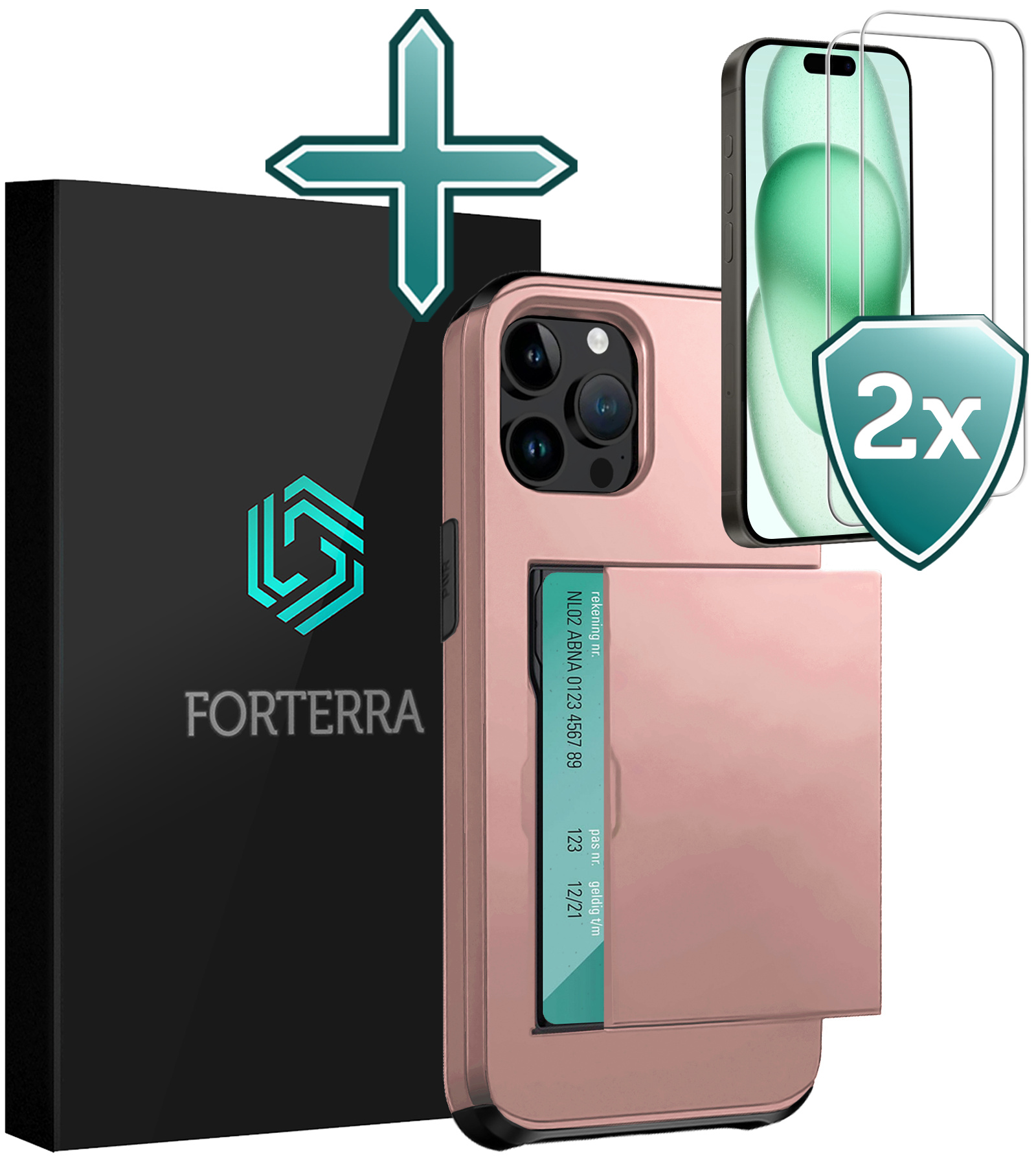 Forterra Hoesje Geschikt voor iPhone 15 Pro Max Pashouder Hard Case Hoes Met 2x Screenprotector - Hoes Geschikt voor iPhone 15 Pro Max Hoesje Back Cover Met Pasjeshouder - Rosé Goud
