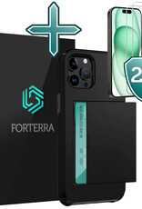 Forterra Hoesje Geschikt voor iPhone 15 Pro Max Pashouder Hard Case Hoes Met 2x Screenprotector - Hoes Geschikt voor iPhone 15 Pro Max Hoesje Back Cover Met Pasjeshouder - Zwart