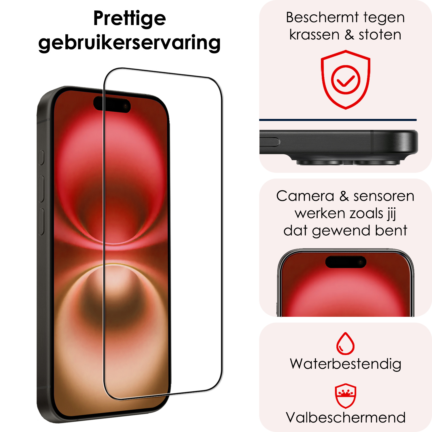 NoXx Screenprotector Geschikt voor iPhone 16 Screenprotector Tempered Glass Gehard Glas Full Cover