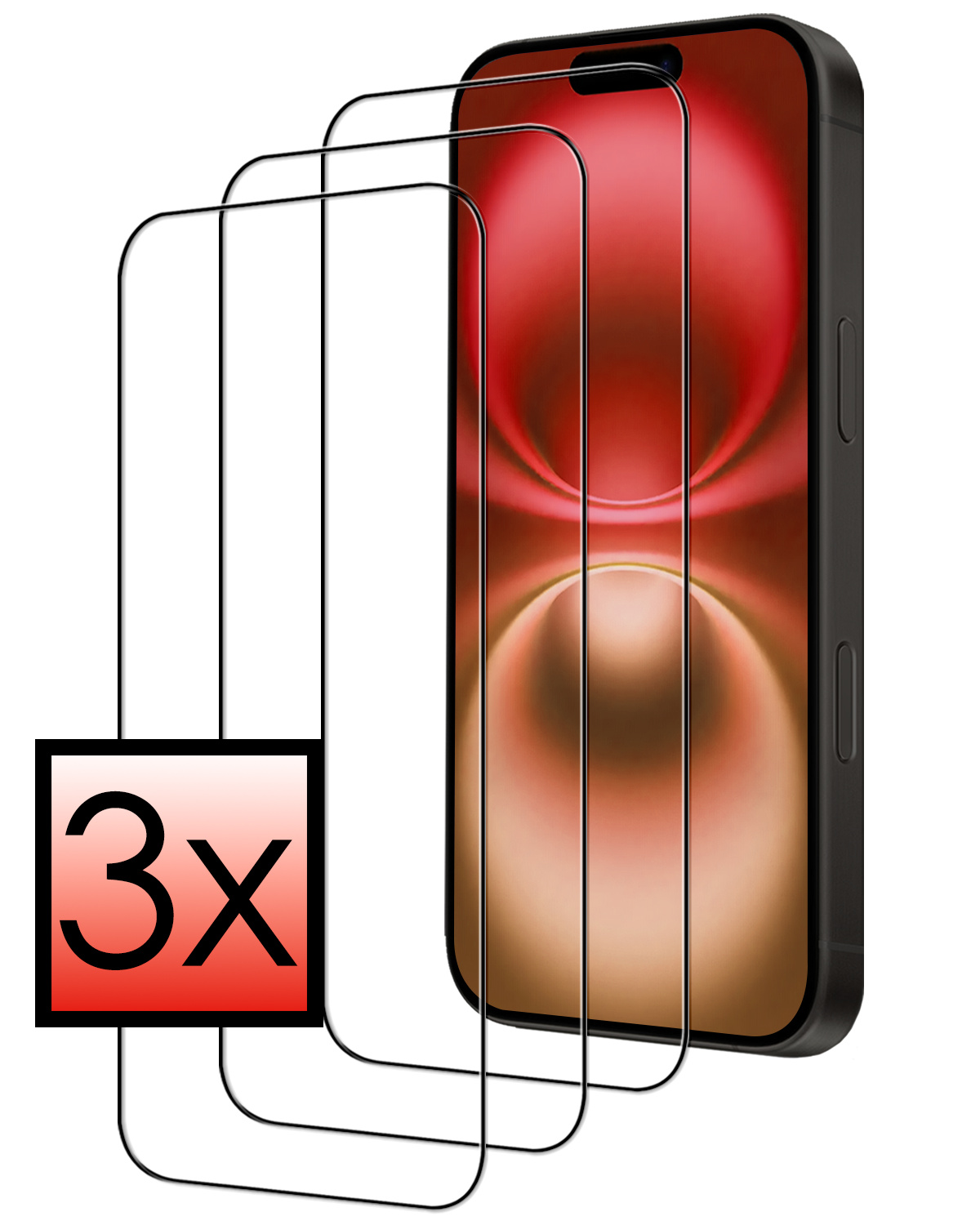 NoXx Screenprotector Geschikt voor iPhone 16 Screenprotector Tempered Glass Gehard Glas Full Cover - 3x