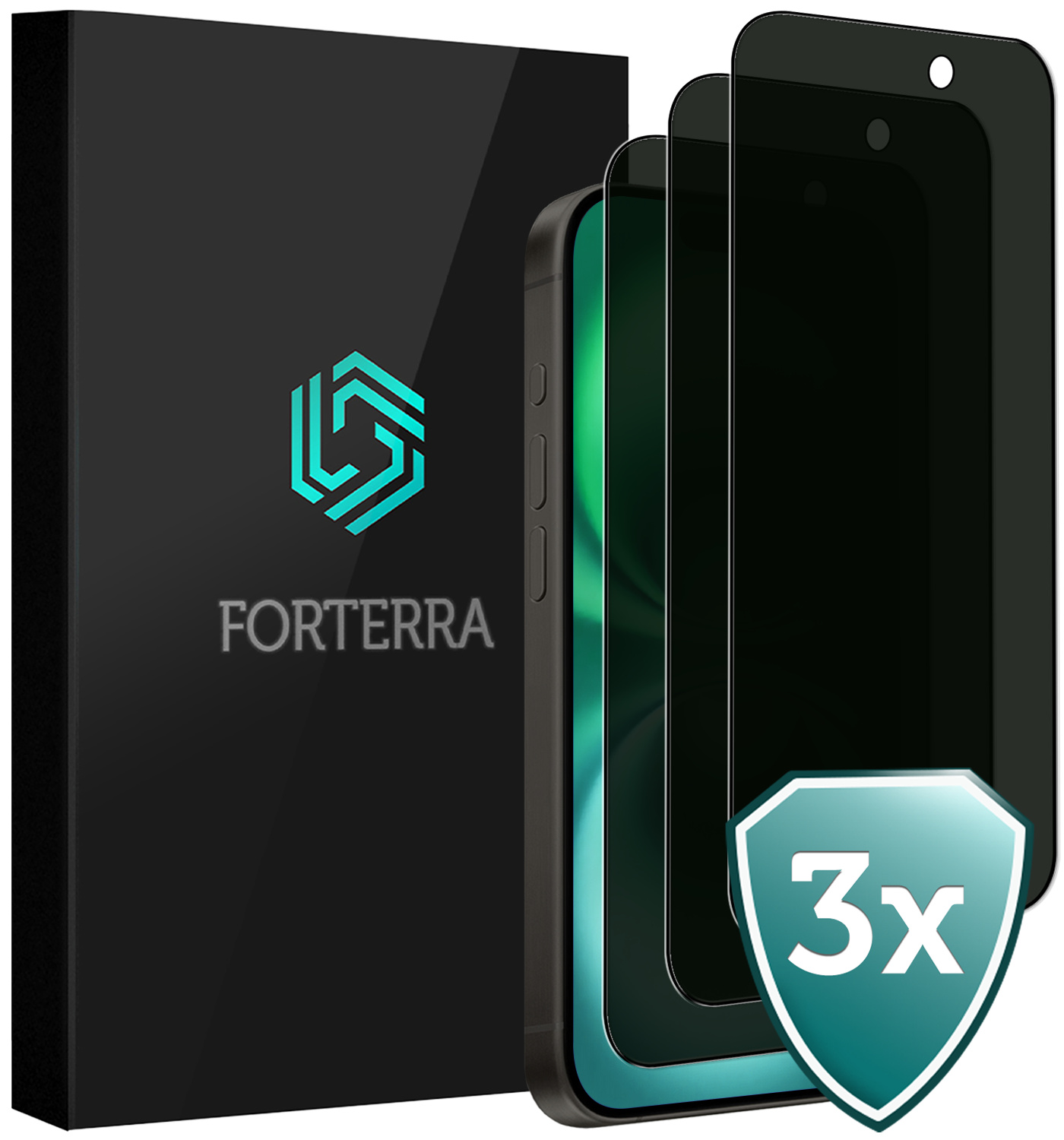 Forterra Screenprotector Geschikt voor iPhone 16 Plus Privacy Screenprotector Glas Gehard Full Cover - Screen Protector Geschikt voor iPhone 16 Plus Screenprotector Privacy Anti-Spy - 3 PACK