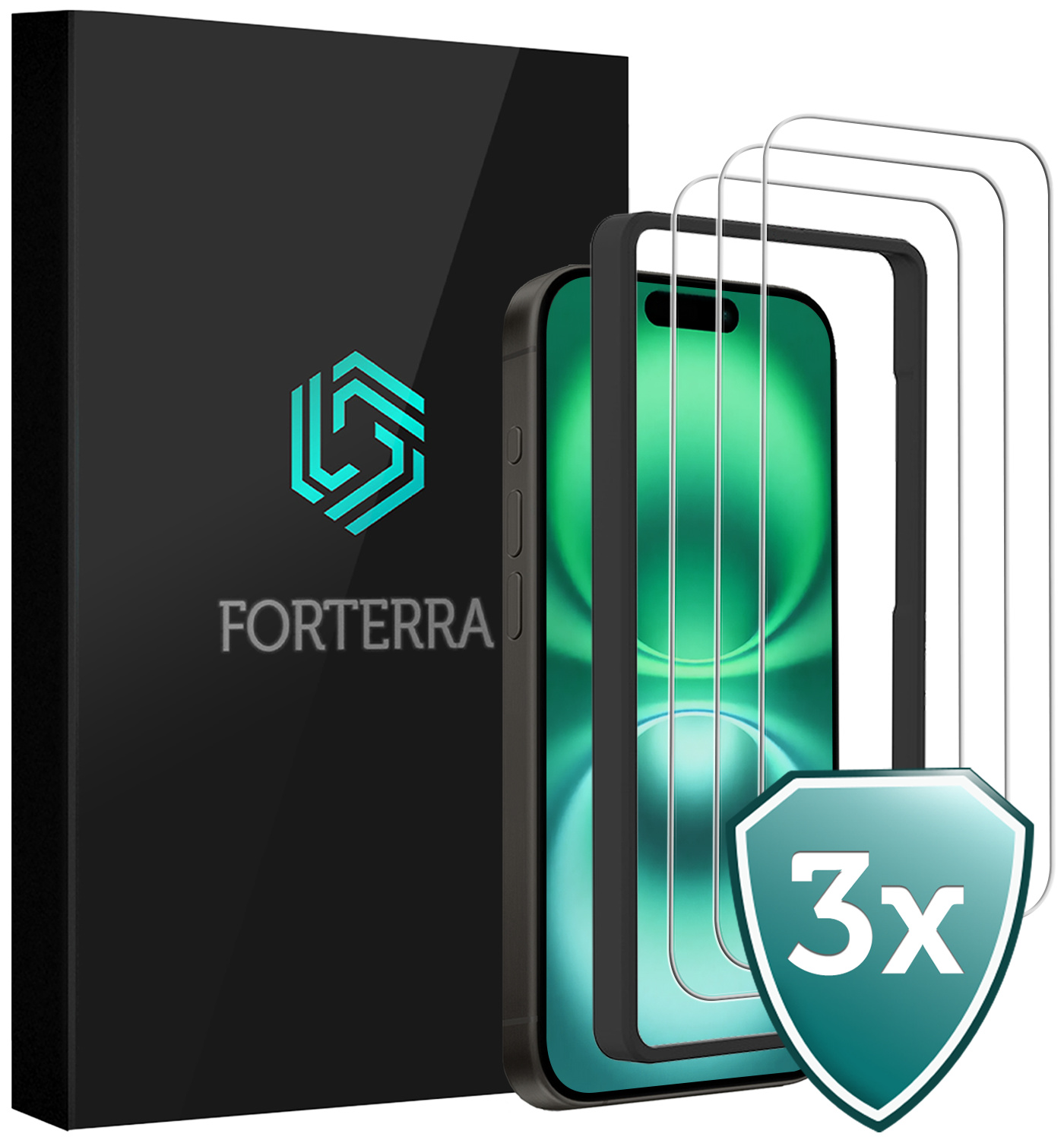 Forterra Screenprotector Geschikt voor iPhone 16 Screenprotector Met Montage Frame Glas Gehard Screen Cover - Screen Protector Geschikt voor iPhone 16 Screenprotector Met Frame Tempered Glass -3 PACK
