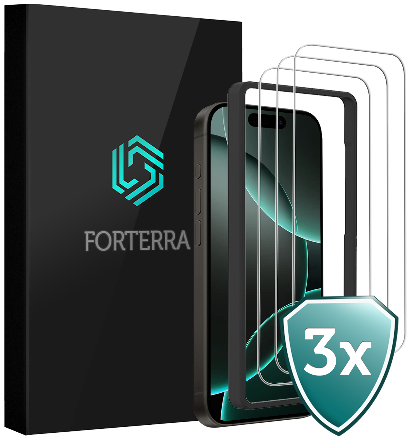 Forterra Screenprotector Geschikt voor iPhone 16 Pro Screenprotector Met Montage Frame Glas Gehard Screen Cover - Screen Protector Geschikt voor iPhone 16 Pro Screenprotector Met Frame Tempered Glass -3 PACK