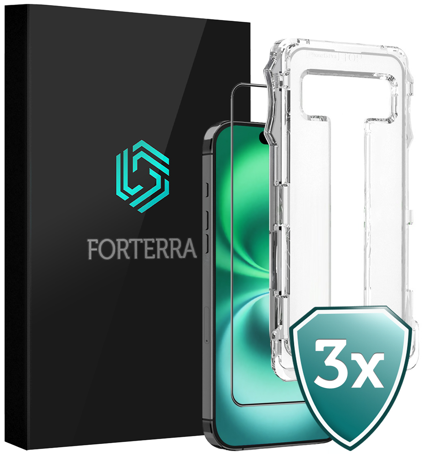 Forterra Screenprotector Geschikt voor iPhone 16 Screenprotector Met Installatie Kit Flexibel Hybrid Full Cover - Screen Protector Geschikt voor iPhone 16 Screenprotector Met Montage Frame Buigbaar Glas - 3 PACK