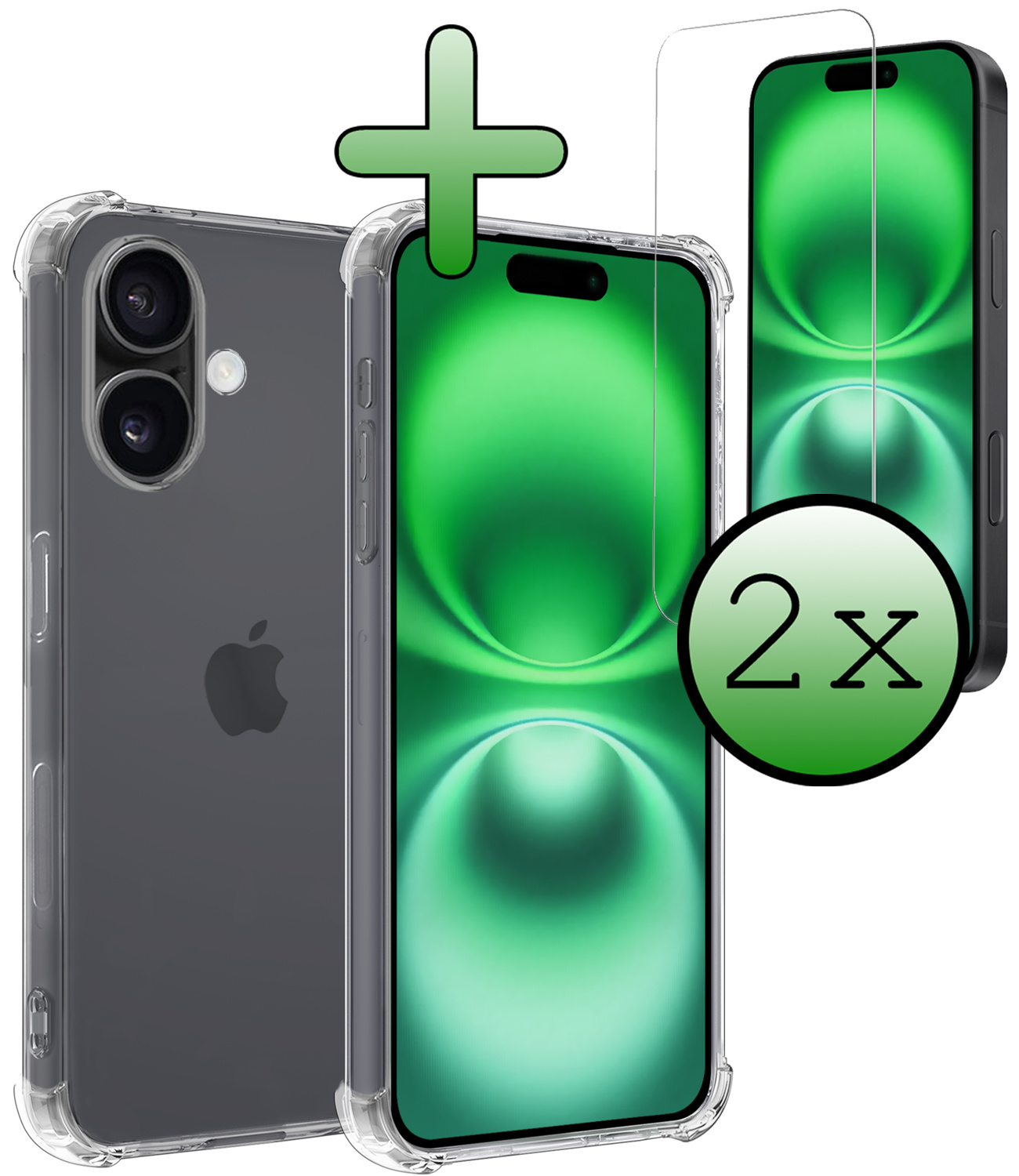 BASEY. Hoes Geschikt voor iPhone 16 Hoesje Shock Proof Case Hoes Siliconen Met 2x Screenprotector - Hoesje Geschikt voor iPhone 16 Hoes Cover Shockproof - Transparant
