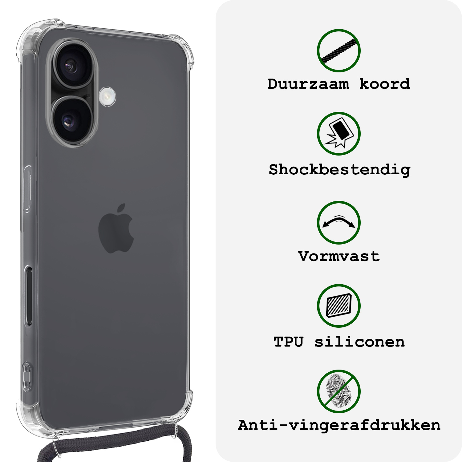 BASEY. Hoes Geschikt voor iPhone 16 Plus Hoesje Shock Proof Case Met Koord Shock Hoes Met Koord - Hoesje Geschikt voor iPhone 16 Plus Hoes Cover Met Koord - Transparant