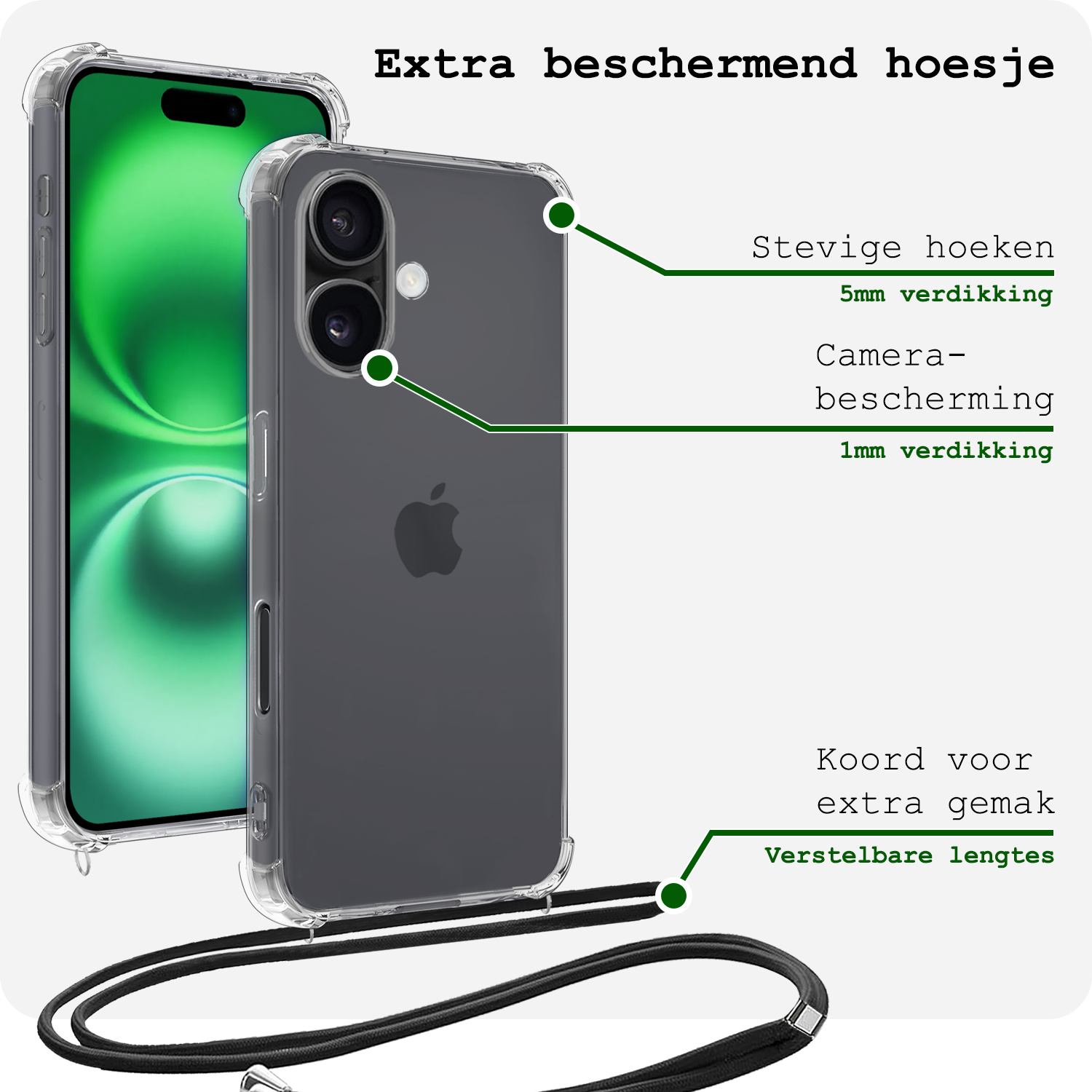BASEY. Hoes Geschikt voor iPhone 16 Plus Hoesje Shock Proof Case Met Koord Shock Hoes Met Koord - Hoesje Geschikt voor iPhone 16 Plus Hoes Cover Met Koord - Transparant