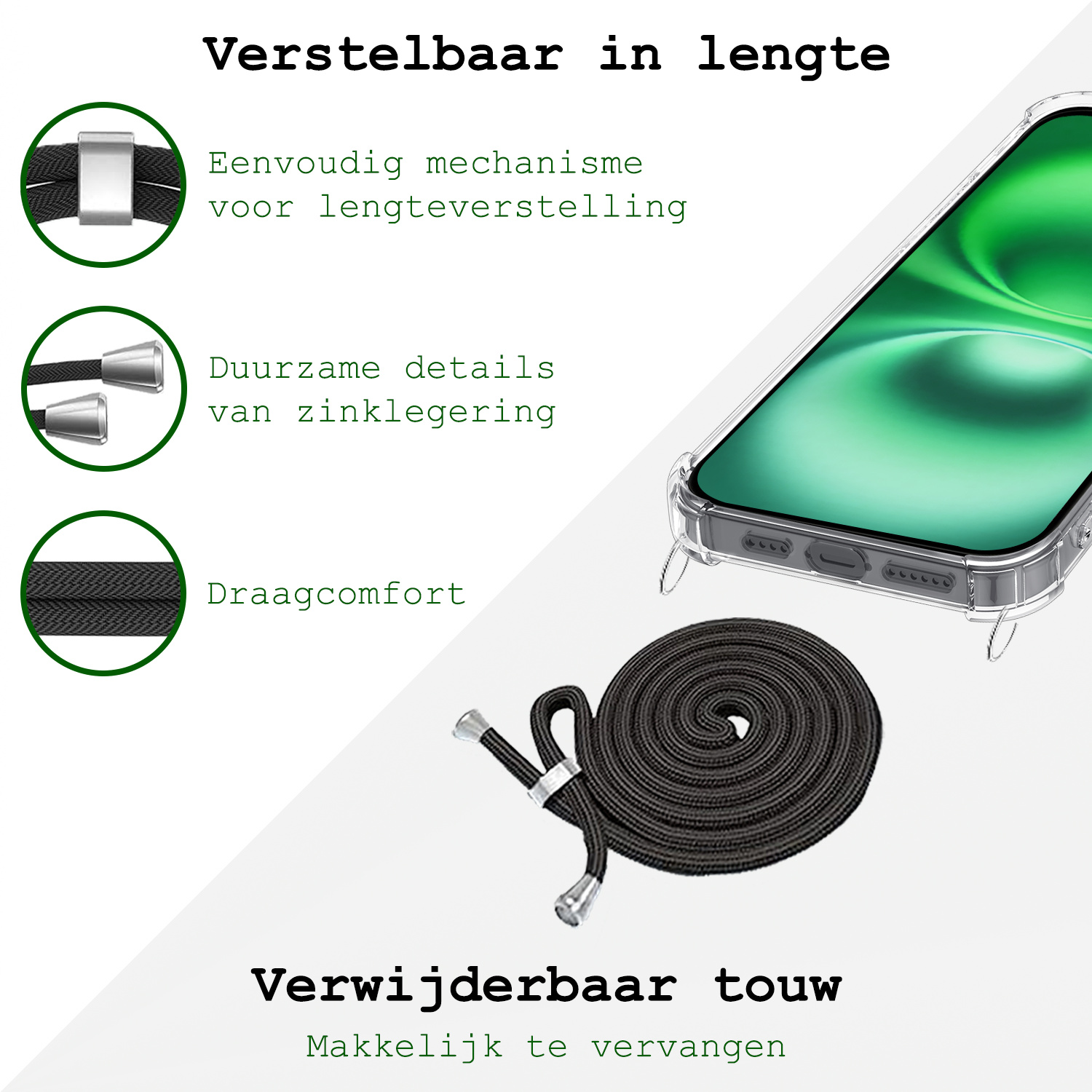 BASEY. Hoes Geschikt voor iPhone 16 Plus Hoesje Shock Proof Case Met Koord Shock Hoes Met Koord - Hoesje Geschikt voor iPhone 16 Plus Hoes Cover Met Koord - Transparant