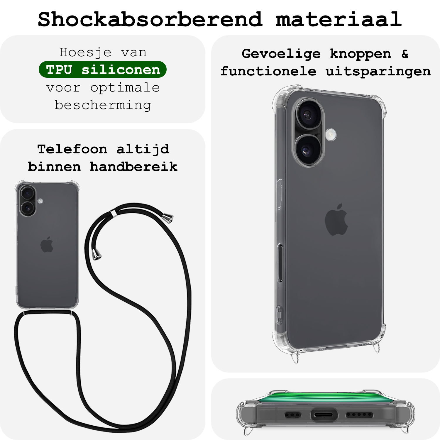 BASEY. Hoes Geschikt voor iPhone 16 Plus Hoesje Shock Proof Case Met Koord Shock Hoes Met Koord - Hoesje Geschikt voor iPhone 16 Plus Hoes Cover Met Koord - Transparant