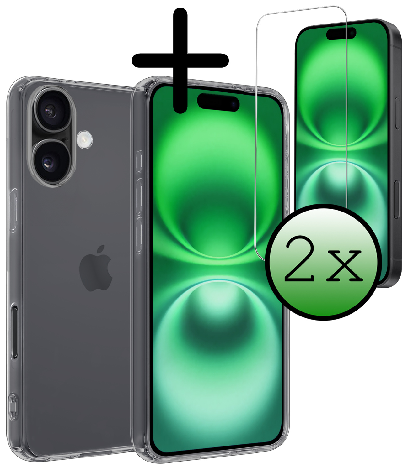 BASEY. Hoes Geschikt voor iPhone 16 Hoesje Siliconen Back Cover Case Met 2x Screenprotector - Hoesje Geschikt voor iPhone 16 Hoes Cover Hoesje - Transparant