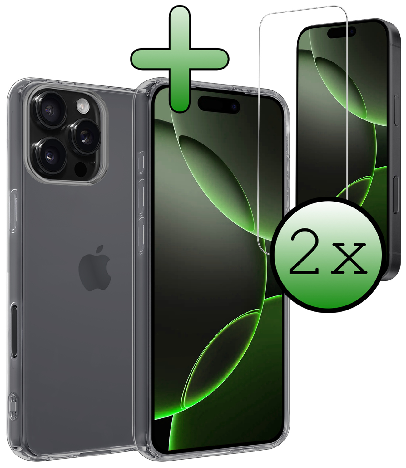 BASEY. Hoes Geschikt voor iPhone 16 Pro Max Hoesje Siliconen Back Cover Case Met 2x Screenprotector - Hoesje Geschikt voor iPhone 16 Pro Max Hoes Cover Hoesje - Transparant