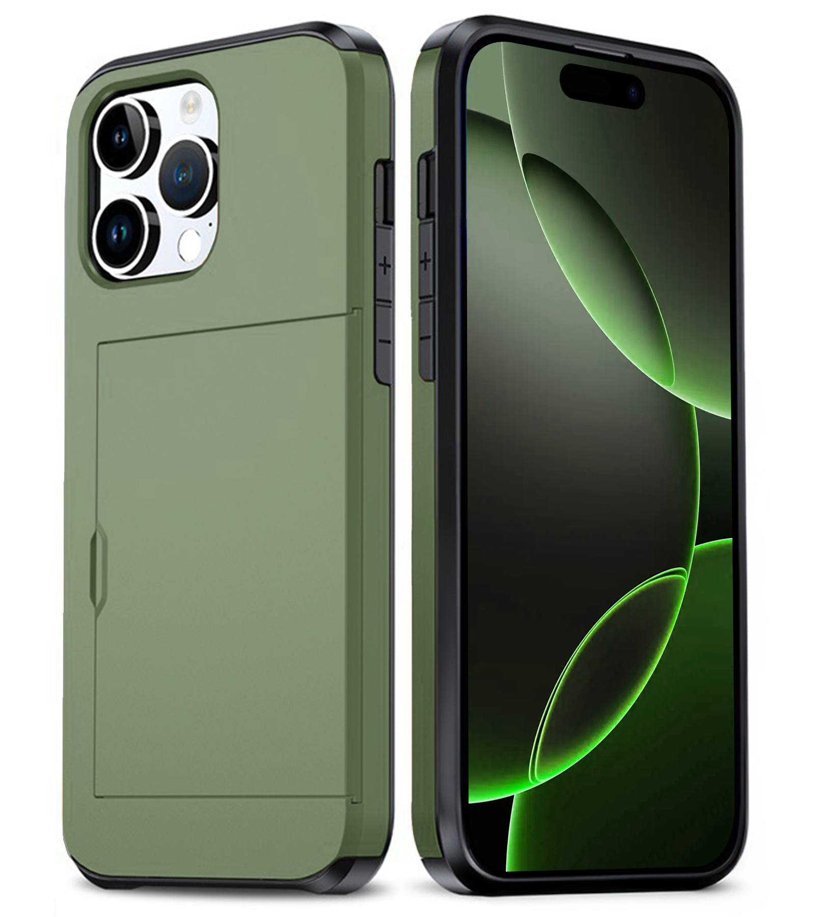 BASEY. Hoes Geschikt voor iPhone 16 Pro Hoesje Hard Case Met Pas Houder - Hoesje Geschikt voor iPhone 16 Pro Hoes Shockproof Hard Cover Met Kaarthouder - Donkergroen