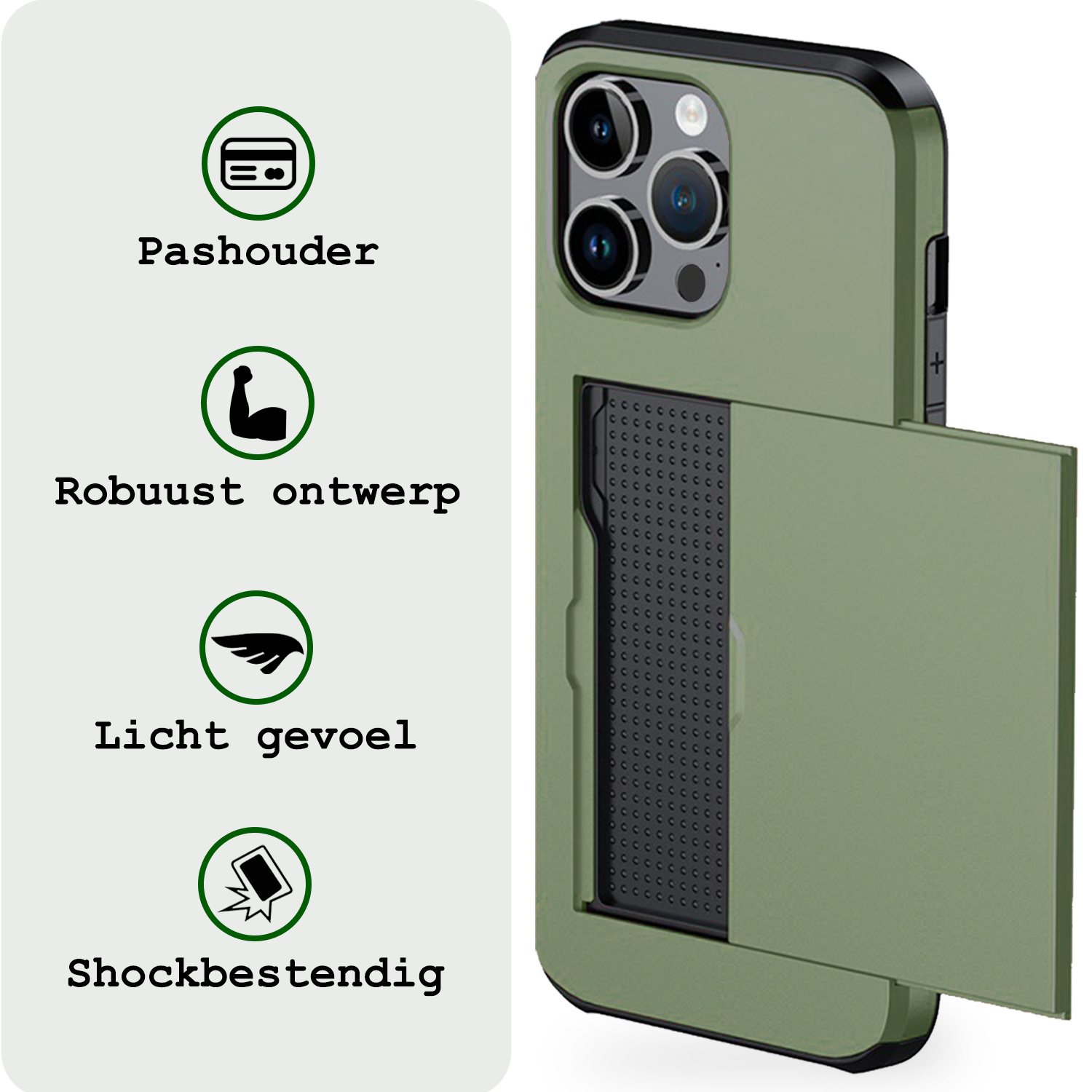 BASEY. Hoes Geschikt voor iPhone 16 Pro Hoesje Hard Case Met Pas Houder - Hoesje Geschikt voor iPhone 16 Pro Hoes Shockproof Hard Cover Met Kaarthouder - Donkergroen