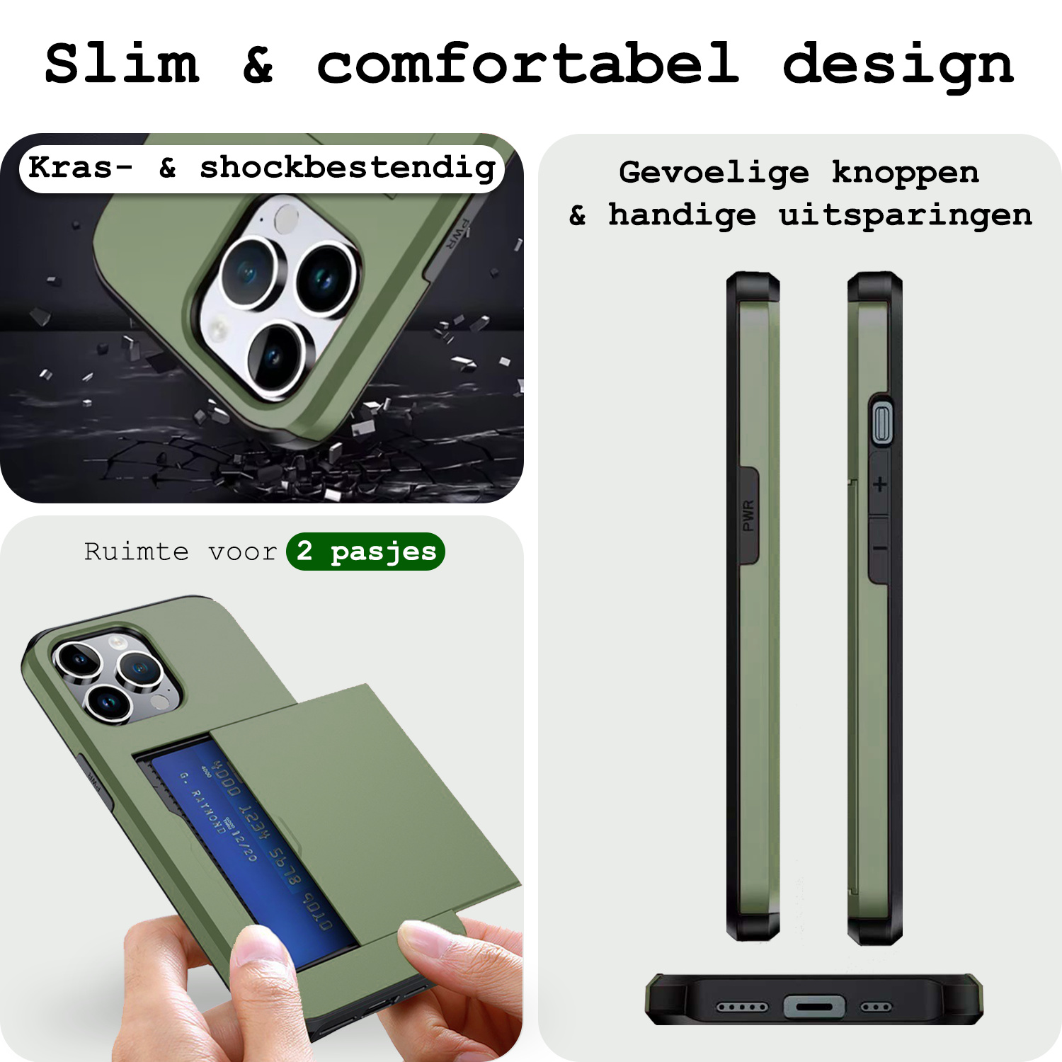 BASEY. Hoes Geschikt voor iPhone 16 Pro Hoesje Hard Case Met Pas Houder - Hoesje Geschikt voor iPhone 16 Pro Hoes Shockproof Hard Cover Met Kaarthouder - Donkergroen