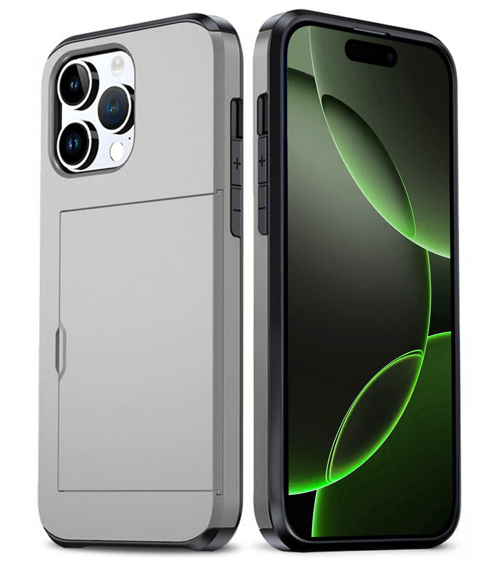 BASEY. Hoes Geschikt voor iPhone 16 Pro Hoesje Hard Case Met Pas Houder - Hoesje Geschikt voor iPhone 16 Pro Hoes Shockproof Hard Cover Met Kaarthouder - Grijs