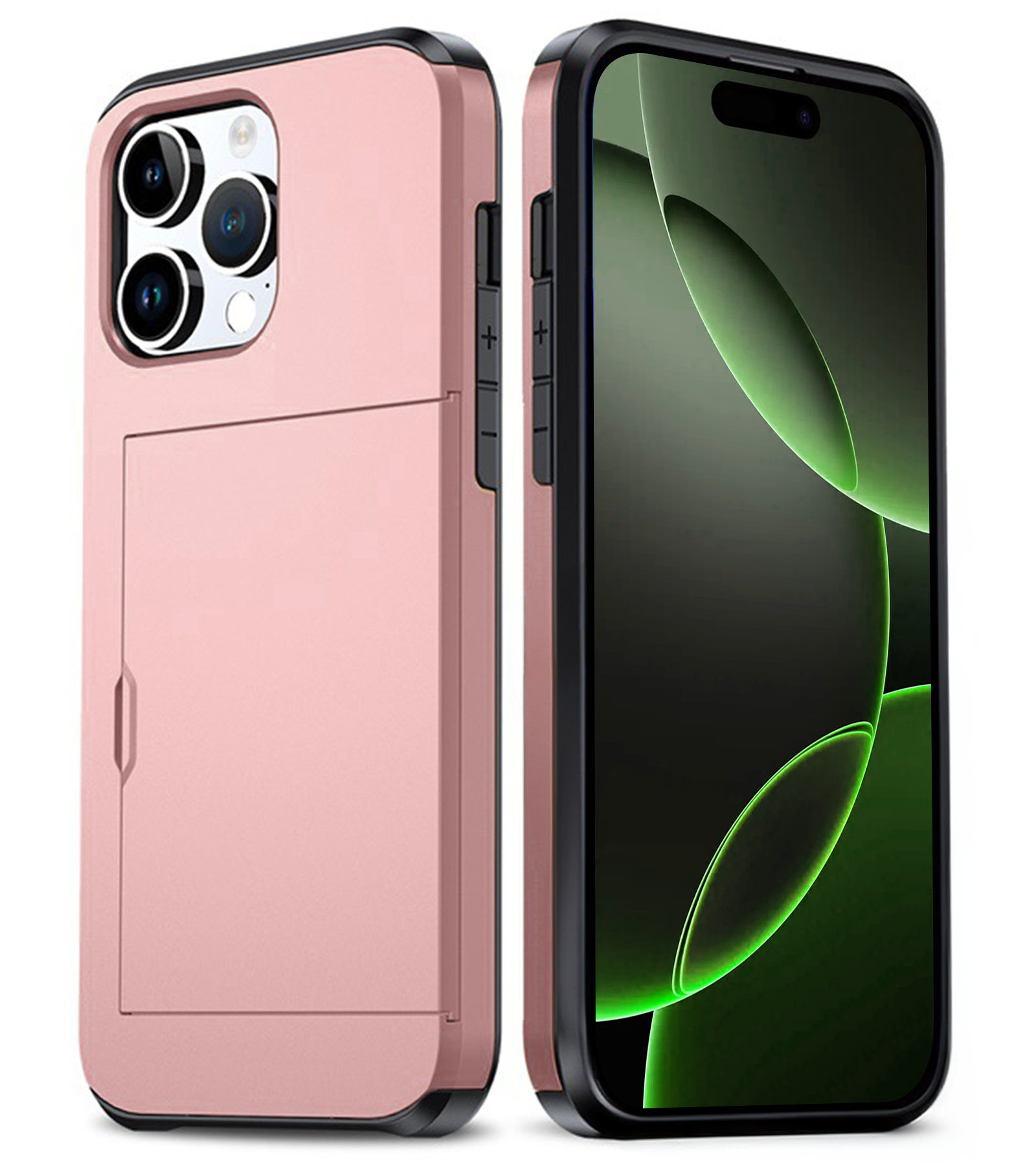 BASEY. Hoes Geschikt voor iPhone 16 Pro Hoesje Hard Case Met Pas Houder - Hoesje Geschikt voor iPhone 16 Pro Hoes Shockproof Hard Cover Met Kaarthouder - Rosé goud