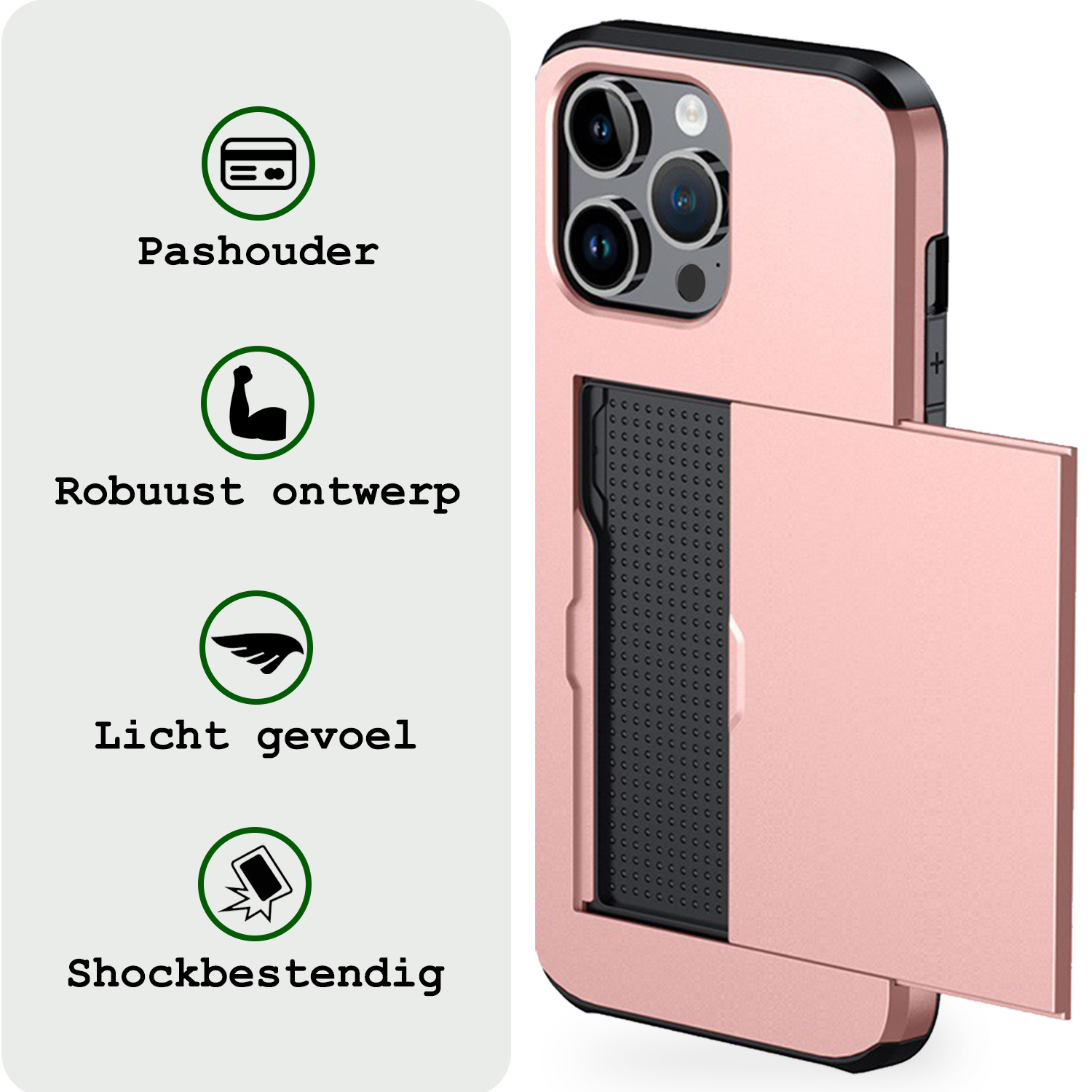 BASEY. Hoes Geschikt voor iPhone 16 Pro Hoesje Hard Case Met Pas Houder - Hoesje Geschikt voor iPhone 16 Pro Hoes Shockproof Hard Cover Met Kaarthouder - Rosé goud