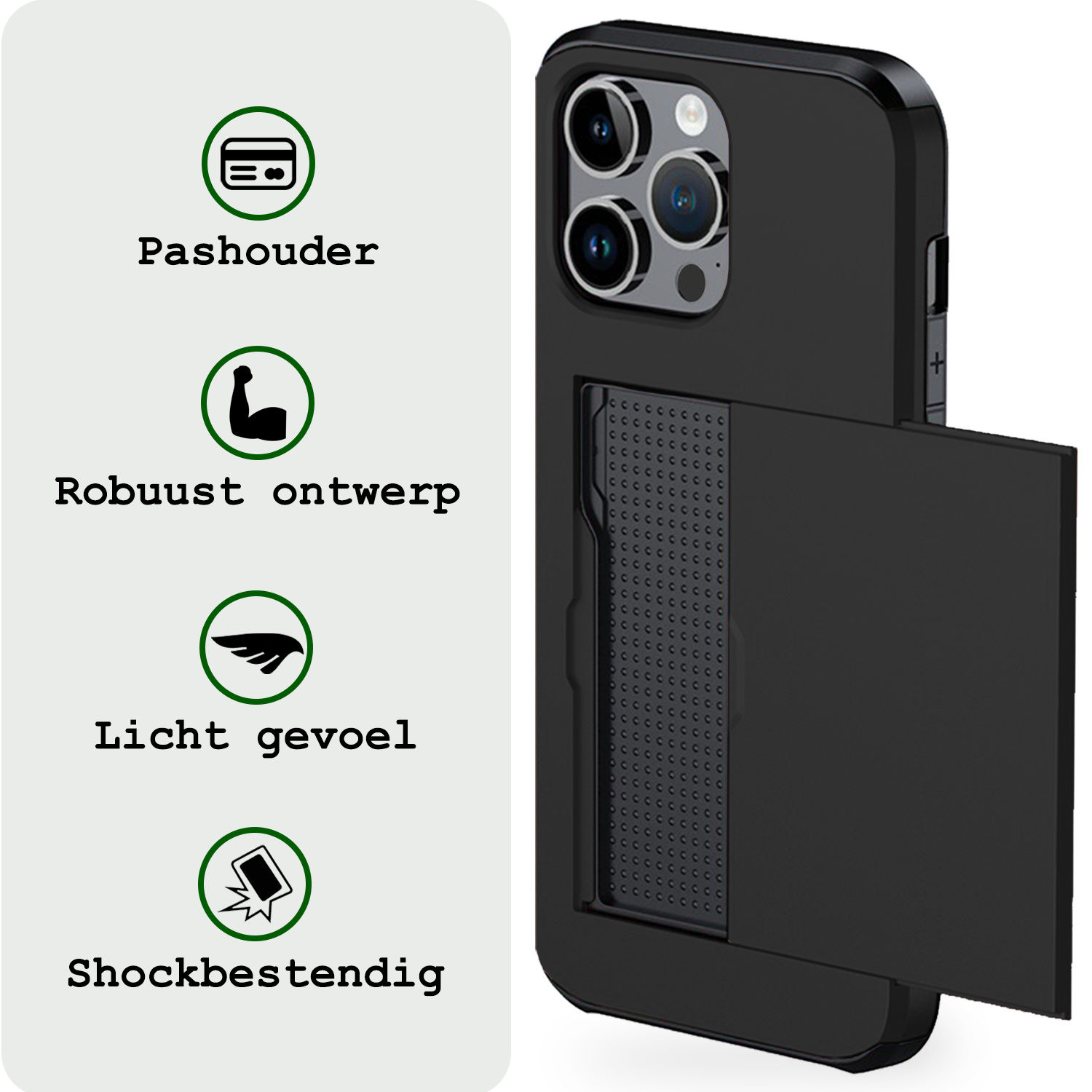 BASEY. Hoes Geschikt voor iPhone 16 Pro Hoesje Hard Case Met Pas Houder - Hoesje Geschikt voor iPhone 16 Pro Hoes Shockproof Hard Cover Met Kaarthouder - Zwart