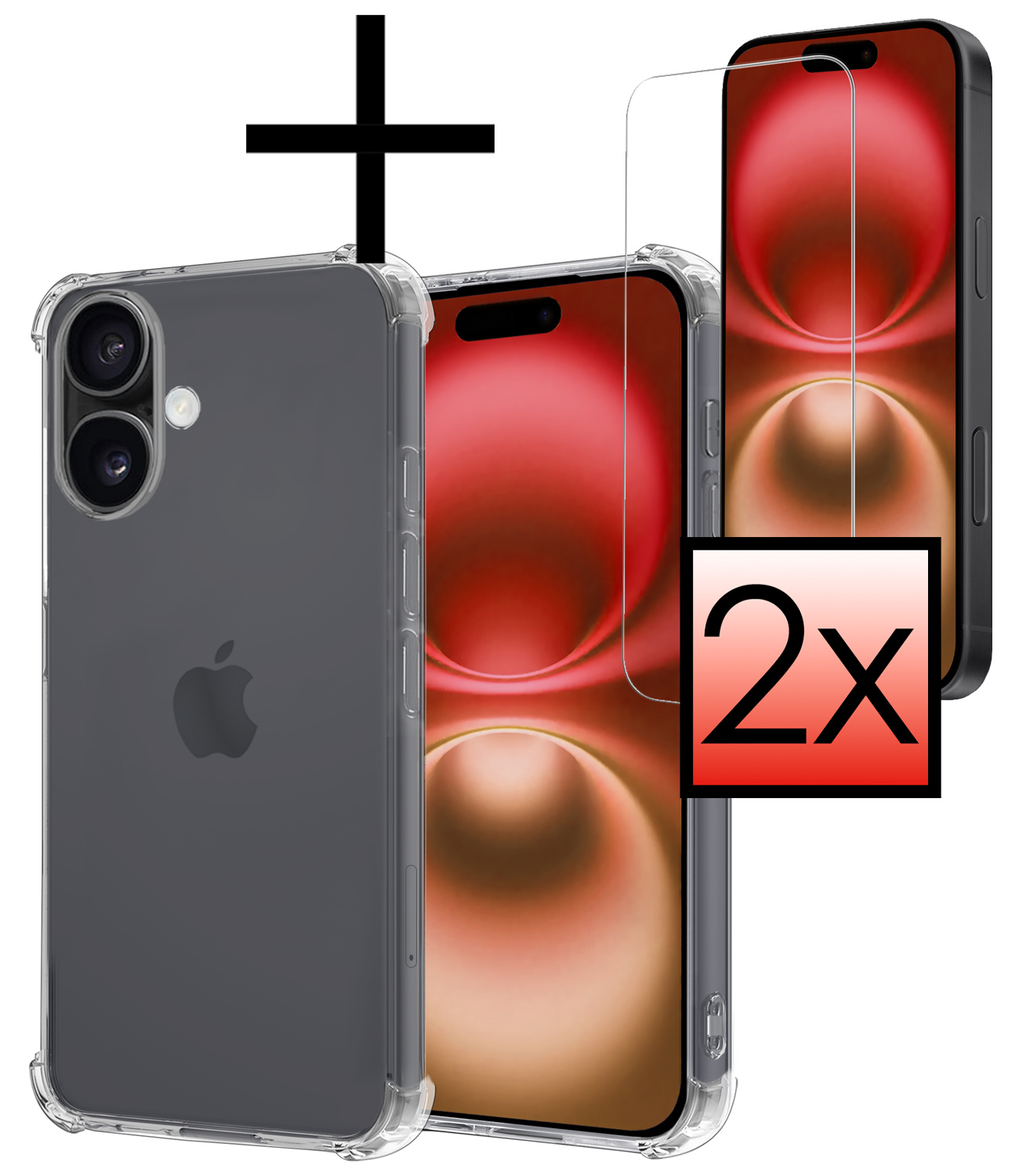 NoXx Hoes Geschikt voor iPhone 16 Hoesje Siliconen Cover Shock Proof Back Case Shockproof Hoes Met 2x Screenprotector - Transparant