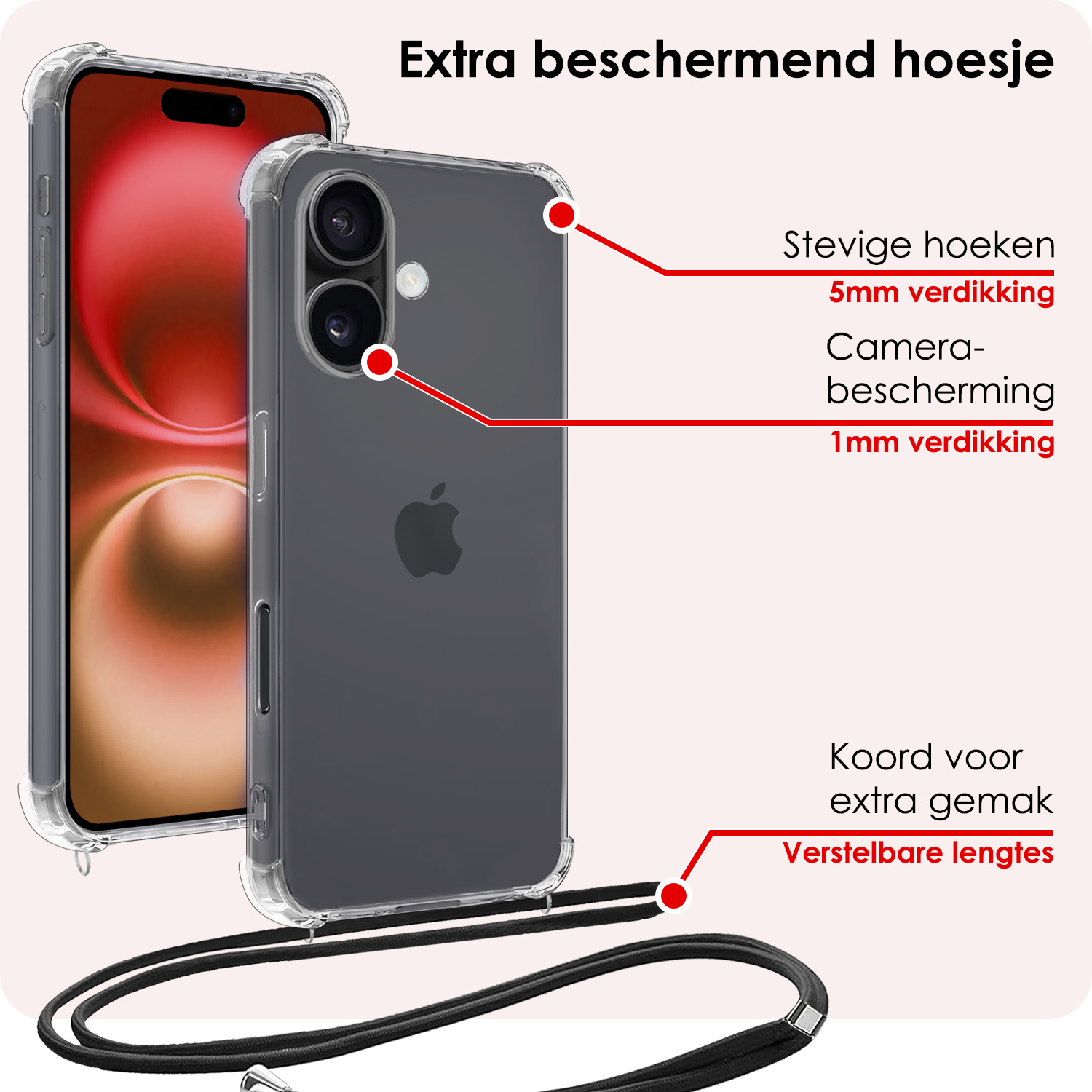 NoXx Hoes Geschikt voor iPhone 16 Plus Hoesje Transparant Met Telefoonkoord Cover Shock Proof Case Koord Hoes