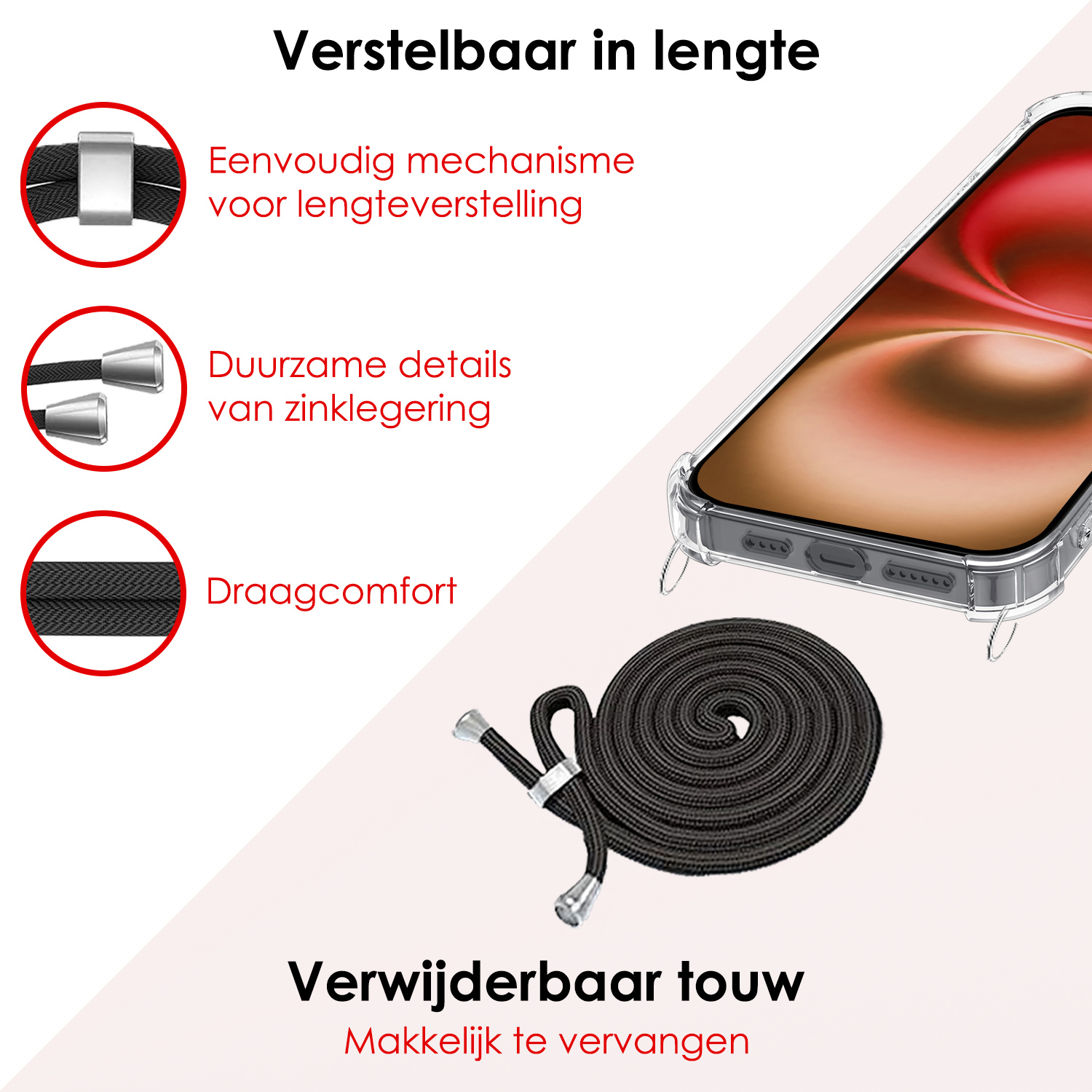 NoXx Hoes Geschikt voor iPhone 16 Plus Hoesje Transparant Met Telefoonkoord Cover Shock Proof Case Koord Hoes