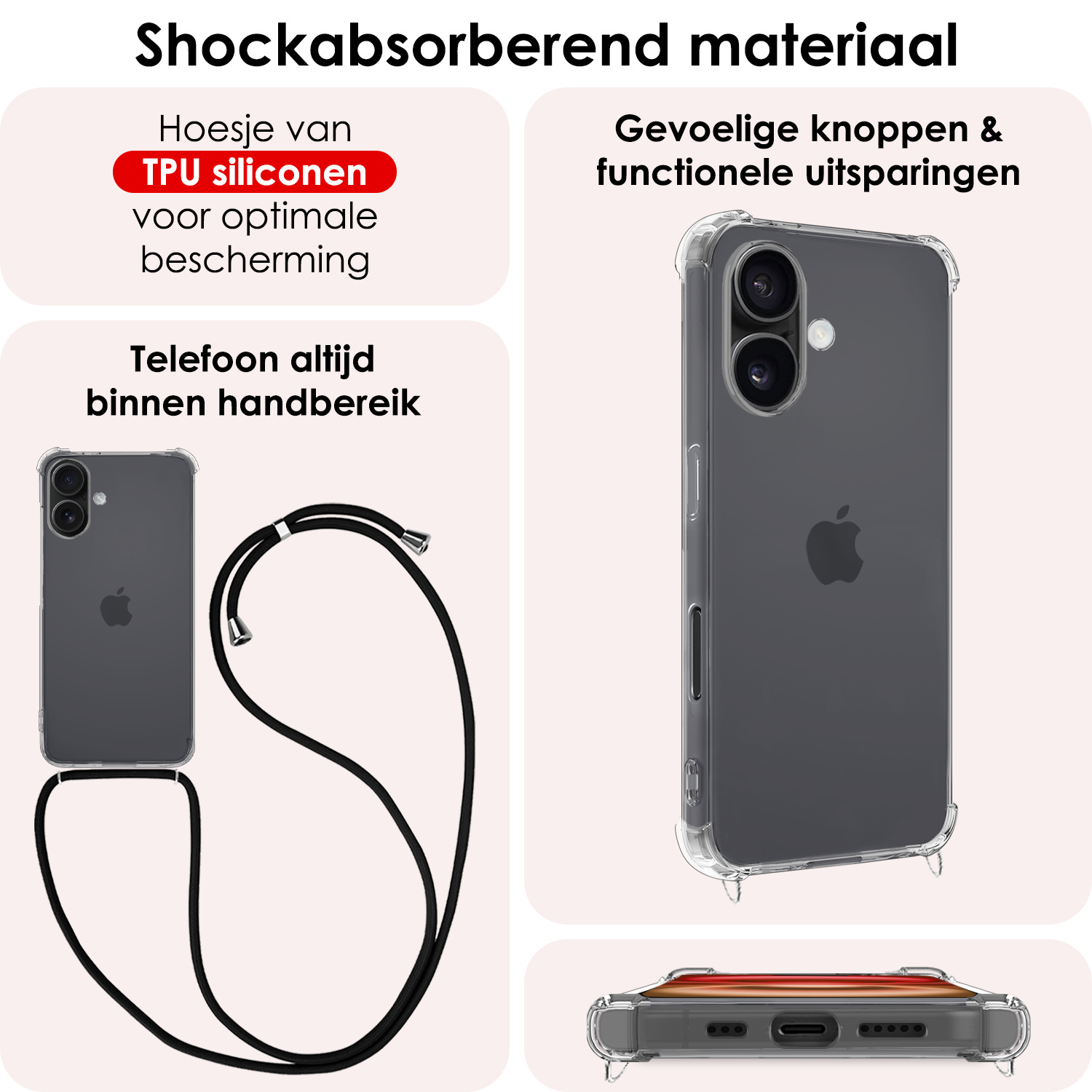 NoXx Hoes Geschikt voor iPhone 16 Plus Hoesje Transparant Met Telefoonkoord Cover Shock Proof Case Koord Hoes