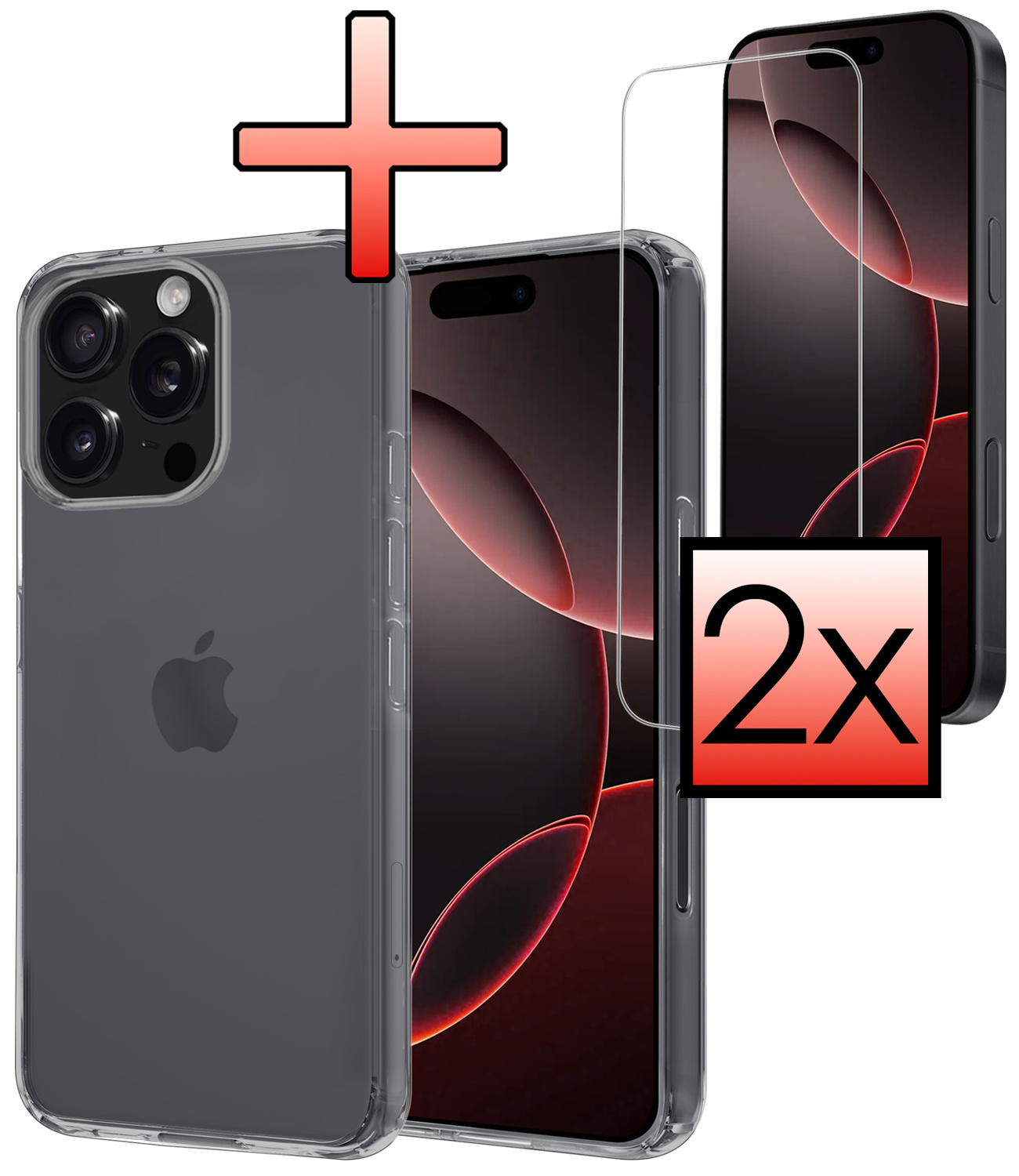 NoXx Hoes Geschikt voor iPhone 16 Pro Hoesje Cover Siliconen Back Case Hoes Met 2x Screenprotector - Transparant