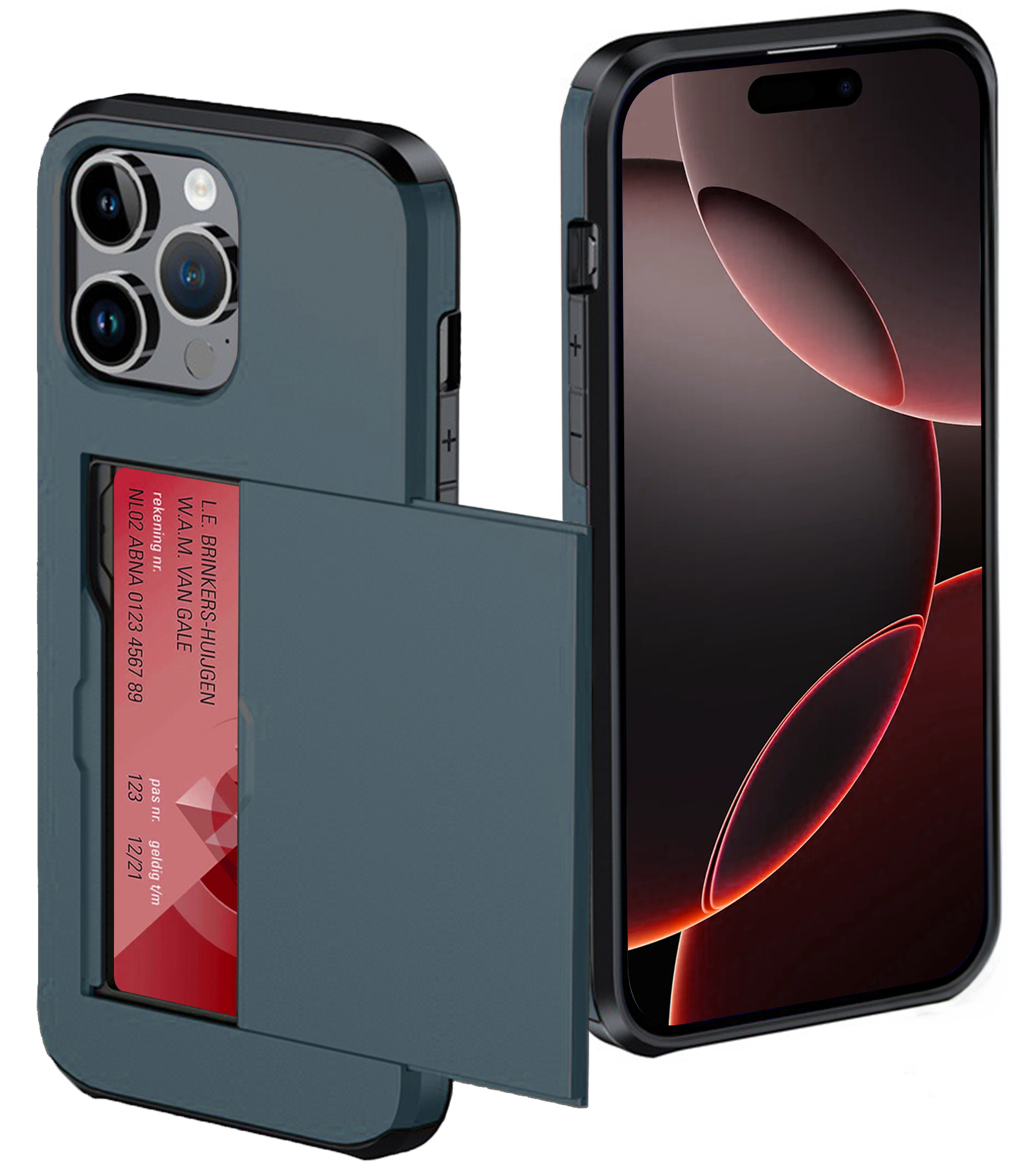 NoXx Hoes Geschikt voor iPhone 16 Pro Hoesje Pasjeshouder Hard Cover Shock Proof Hard Case Hoes Met Kaarthouder - Donkerblauw
