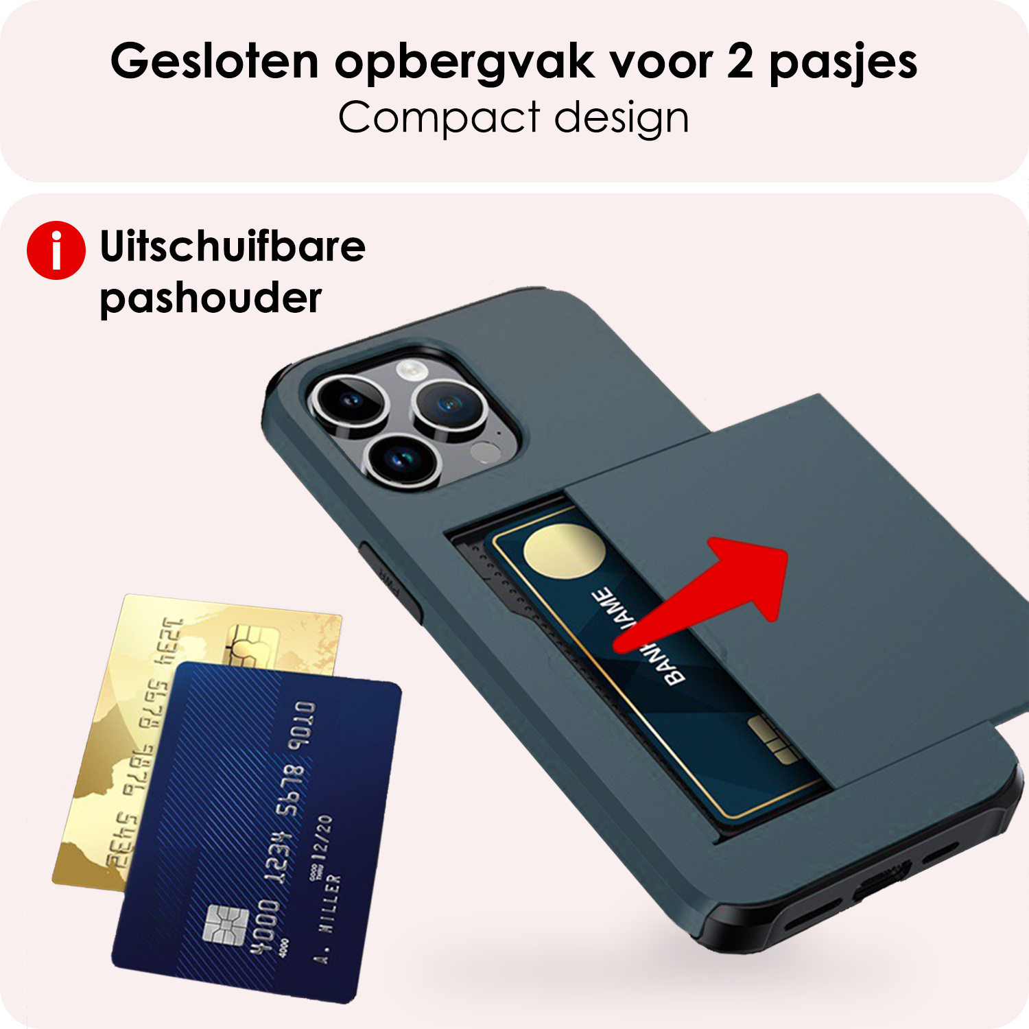 NoXx Hoes Geschikt voor iPhone 16 Pro Hoesje Pasjeshouder Hard Cover Shock Proof Hard Case Hoes Met Kaarthouder - Donkerblauw
