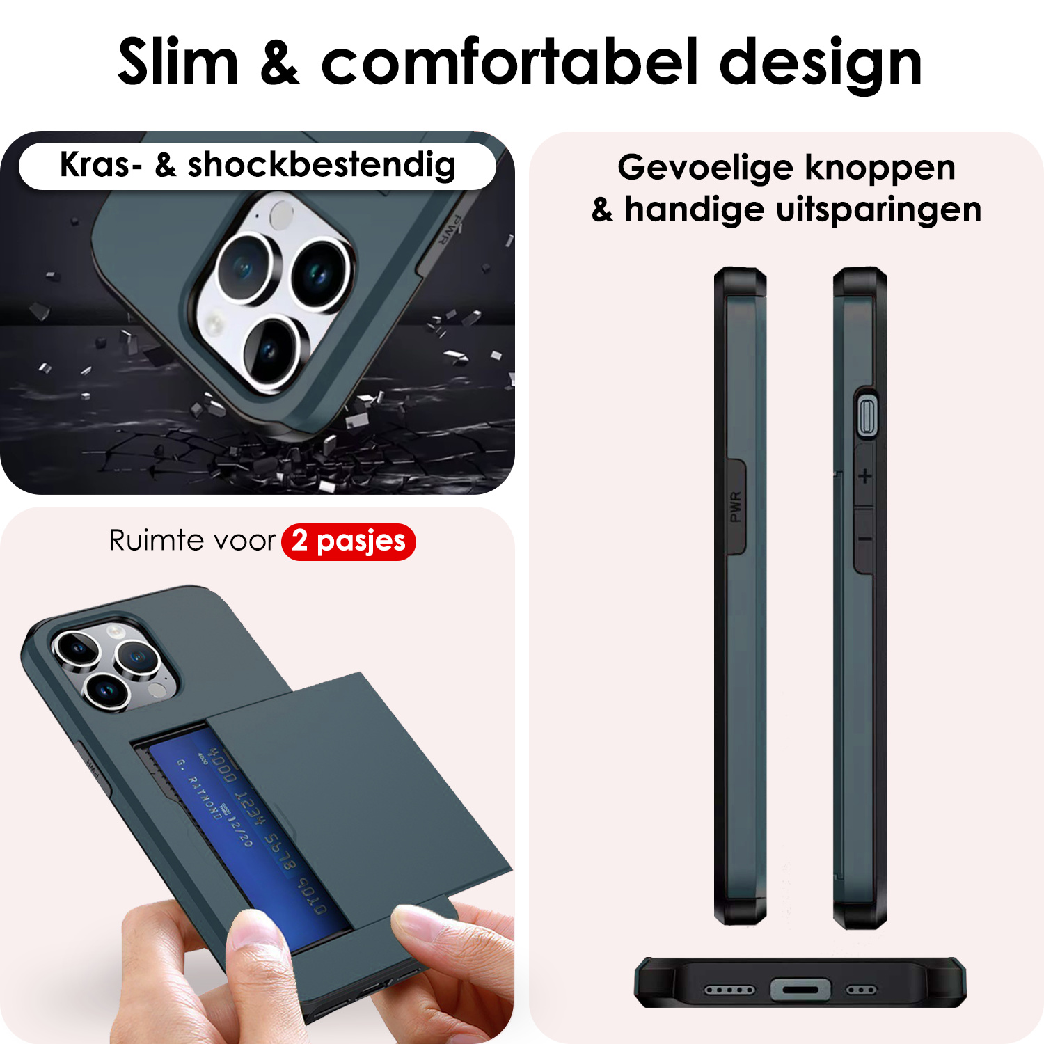 NoXx Hoes Geschikt voor iPhone 16 Pro Hoesje Pasjeshouder Hard Cover Shock Proof Hard Case Hoes Met Kaarthouder - Donkerblauw