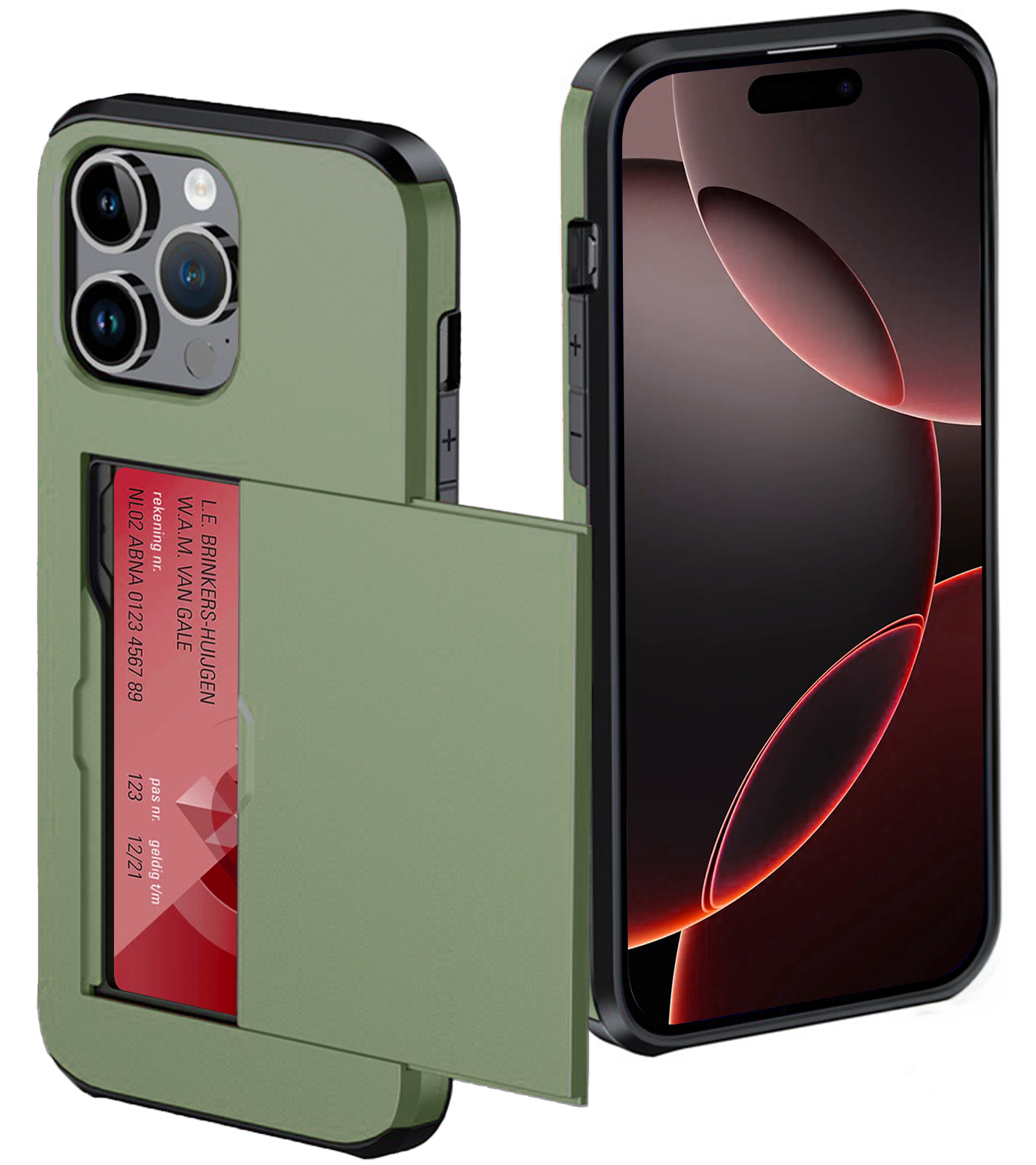 NoXx Hoes Geschikt voor iPhone 16 Pro Hoesje Pasjeshouder Hard Cover Shock Proof Hard Case Hoes Met Kaarthouder - Donkergroen