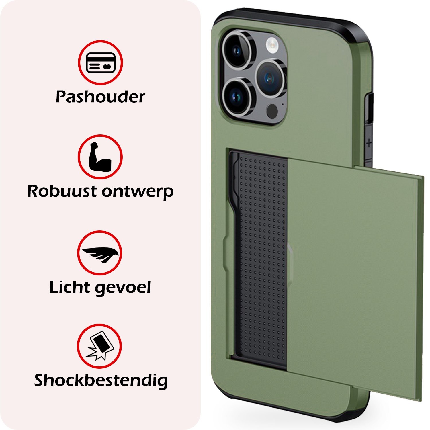NoXx Hoes Geschikt voor iPhone 16 Pro Hoesje Pasjeshouder Hard Cover Shock Proof Hard Case Hoes Met Kaarthouder - Donkergroen