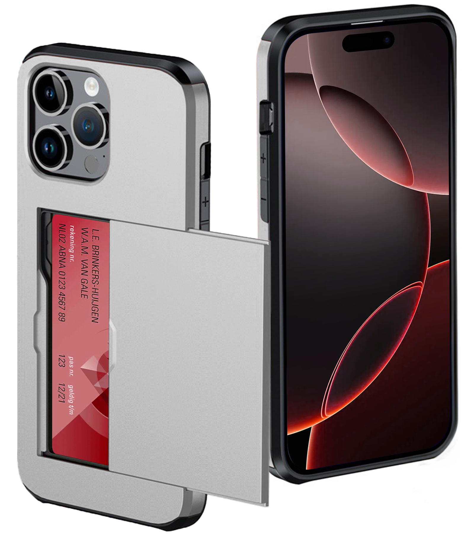 NoXx Hoes Geschikt voor iPhone 16 Pro Hoesje Pasjeshouder Hard Cover Shock Proof Hard Case Hoes Met Kaarthouder - Grijs