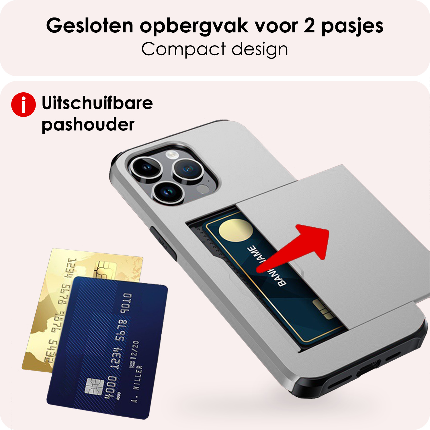 NoXx Hoes Geschikt voor iPhone 16 Pro Hoesje Pasjeshouder Hard Cover Shock Proof Hard Case Hoes Met Kaarthouder - Grijs