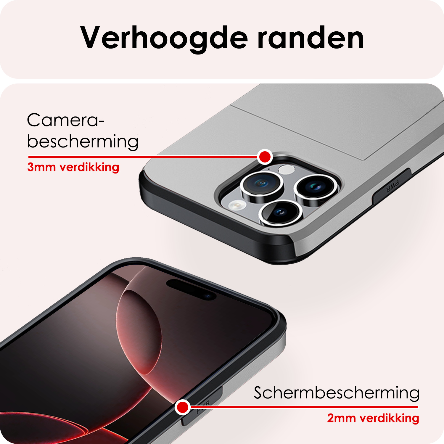 NoXx Hoes Geschikt voor iPhone 16 Pro Hoesje Pasjeshouder Hard Cover Shock Proof Hard Case Hoes Met Kaarthouder - Grijs