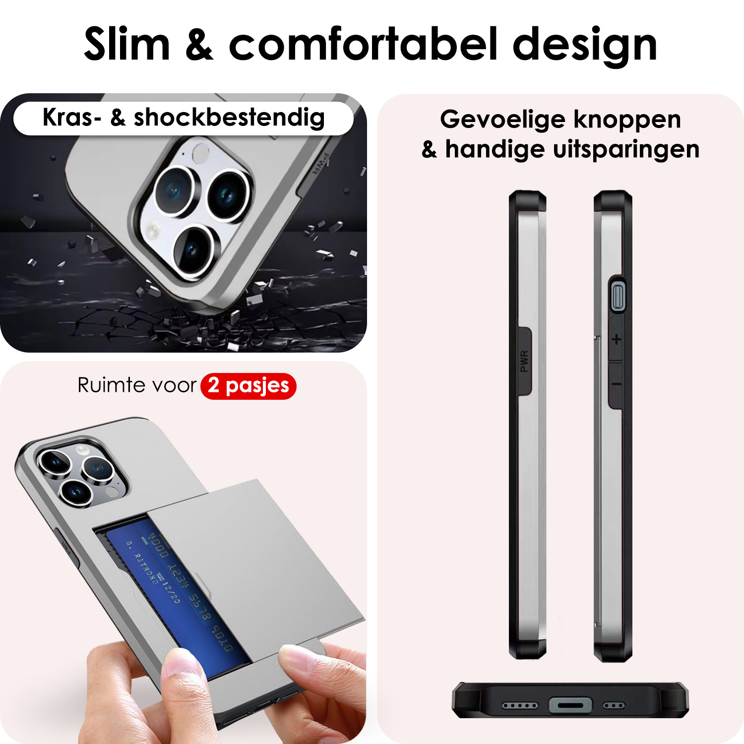 NoXx Hoes Geschikt voor iPhone 16 Pro Hoesje Pasjeshouder Hard Cover Shock Proof Hard Case Hoes Met Kaarthouder - Grijs