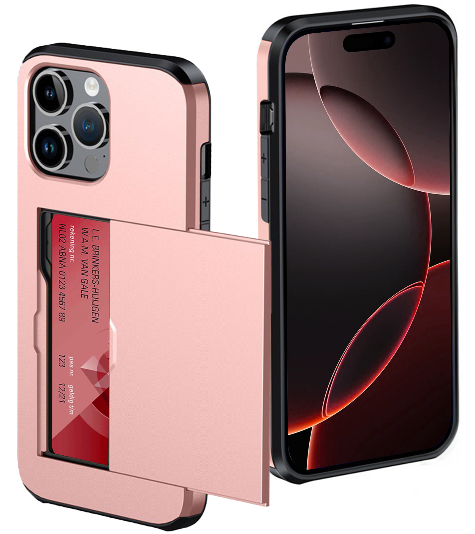 NoXx Hoes Geschikt voor iPhone 16 Pro Hoesje Pasjeshouder Hard Cover Shock Proof Hard Case Hoes Met Kaarthouder - Rosé goud